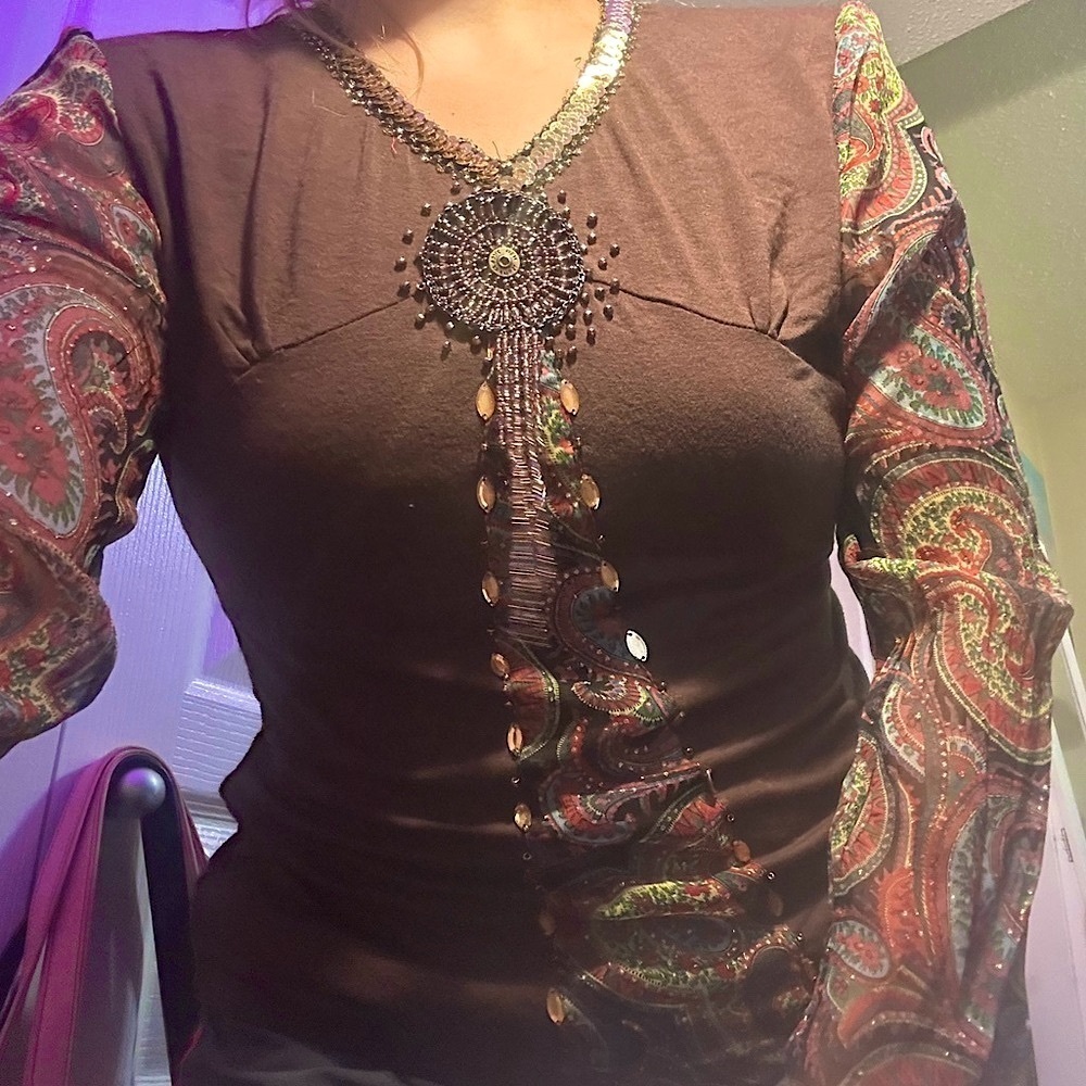 Vintage Brown Sequin Beaded Adorned Embellishments Top with Mesh Paisley Sleeves